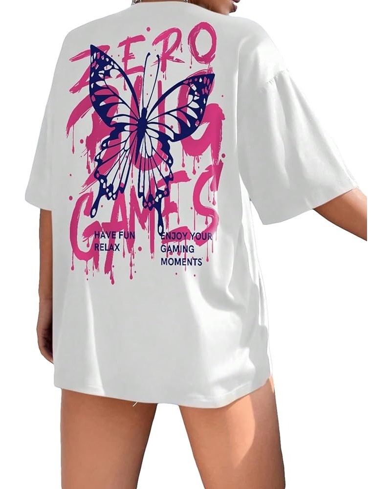 Women's Short-Sleeve T Shirts Letter Print Oversized Top Graphic Tees Loose Casual Summer Tops Butterfly Slogan White $7.55 T...