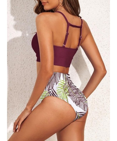 Women's Bikini Sets High Neck Tropical Leaf Print High Waisted Two Pieces Swimsuits Bathing Suits Dark Purple $14.35 Swimsuits