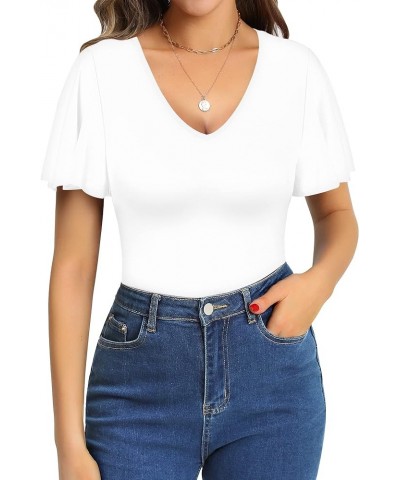 Womens Deep V Neck Ruffle Short Sleeve Tops Sexy Bodysuit for Women Clothing Short Sleeve White $14.74 Bodysuits