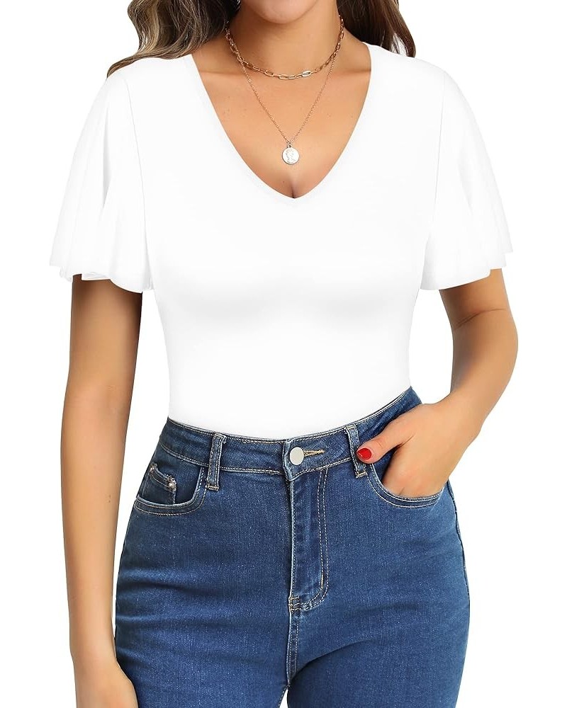 Womens Deep V Neck Ruffle Short Sleeve Tops Sexy Bodysuit for Women Clothing Short Sleeve White $14.74 Bodysuits