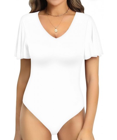 Womens Deep V Neck Ruffle Short Sleeve Tops Sexy Bodysuit for Women Clothing Short Sleeve White $14.74 Bodysuits