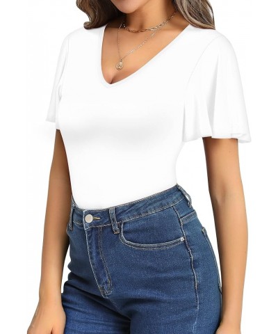 Womens Deep V Neck Ruffle Short Sleeve Tops Sexy Bodysuit for Women Clothing Short Sleeve White $14.74 Bodysuits