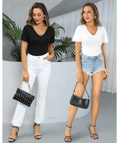 Womens Deep V Neck Ruffle Short Sleeve Tops Sexy Bodysuit for Women Clothing Short Sleeve White $14.74 Bodysuits