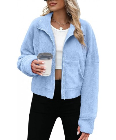 Womens Cropped Sherpa Jacket Full Zip Fuzzy Fleece Jackets Funnel Neck Winter Teddy Coats with Pockets Blue $11.39 Jackets