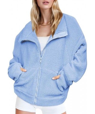 Womens Cropped Sherpa Jacket Full Zip Fuzzy Fleece Jackets Funnel Neck Winter Teddy Coats with Pockets Blue $11.39 Jackets