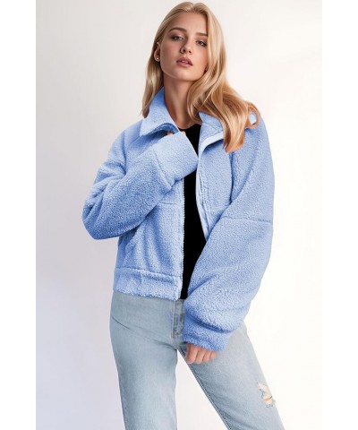 Womens Cropped Sherpa Jacket Full Zip Fuzzy Fleece Jackets Funnel Neck Winter Teddy Coats with Pockets Blue $11.39 Jackets