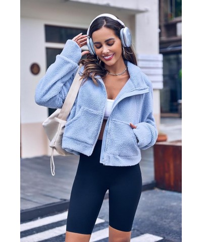 Womens Cropped Sherpa Jacket Full Zip Fuzzy Fleece Jackets Funnel Neck Winter Teddy Coats with Pockets Blue $11.39 Jackets