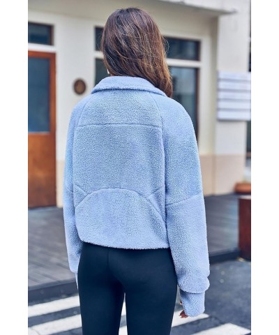 Womens Cropped Sherpa Jacket Full Zip Fuzzy Fleece Jackets Funnel Neck Winter Teddy Coats with Pockets Blue $11.39 Jackets