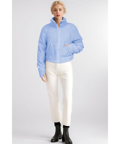 Womens Cropped Sherpa Jacket Full Zip Fuzzy Fleece Jackets Funnel Neck Winter Teddy Coats with Pockets Blue $11.39 Jackets