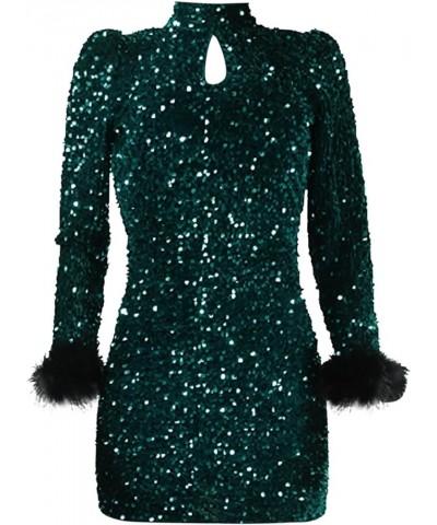 Ladies Long Sleeve Stitching Sequin Feather Sexy Gown Dress Formal Dresses for Women Size 12 Green-a $15.95 Dresses