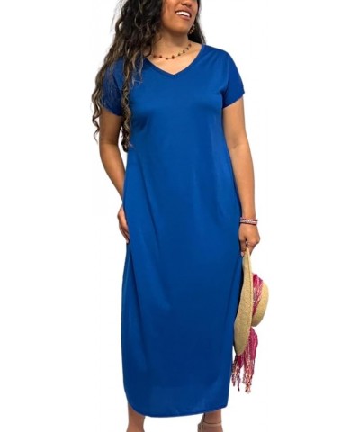 Women's Long T-Shirt Dress Midi Maxi Length Short Sleeves V Neck Split Sides Tunic Loose Flowy Style with Pockets Cobalt $18....