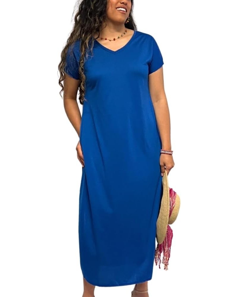 Women's Long T-Shirt Dress Midi Maxi Length Short Sleeves V Neck Split Sides Tunic Loose Flowy Style with Pockets Cobalt $18....