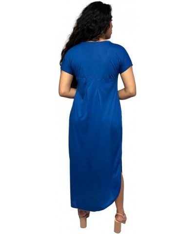 Women's Long T-Shirt Dress Midi Maxi Length Short Sleeves V Neck Split Sides Tunic Loose Flowy Style with Pockets Cobalt $18....