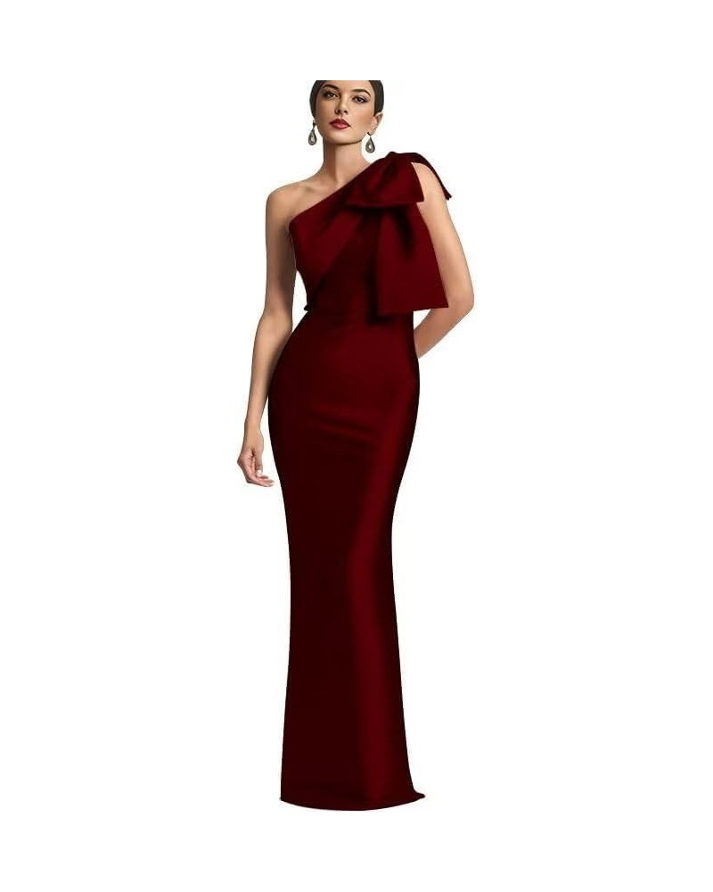 One Shoulder Prom Dress with Bow Long Satin Mother of The Bride Dress Mermaid Formal Party Dress UU44 Burgundy $31.26 Dresses