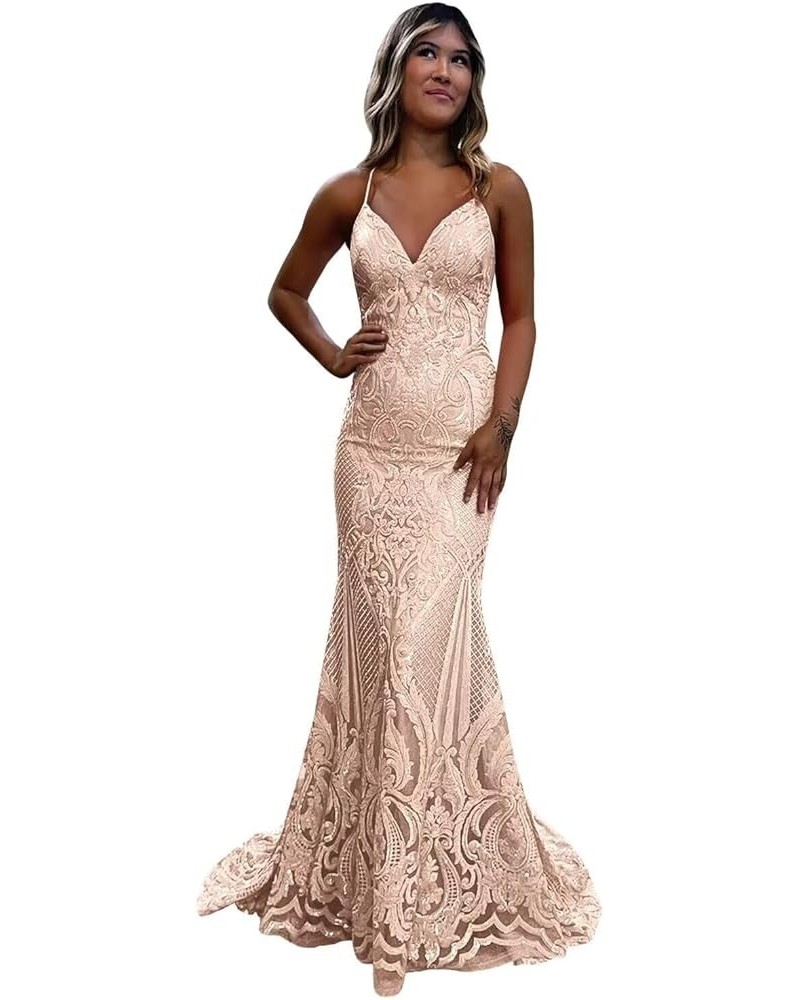 Women's Sequin Mermaid Prom Dresses Spaghetti Straps V Neck Long Formal Evening Party Gowns Champagne Gold $31.96 Dresses