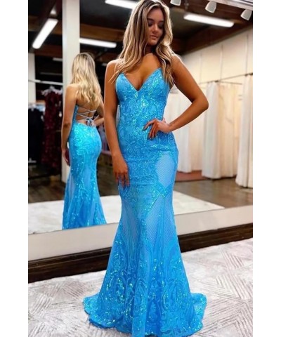 Women's Sequin Mermaid Prom Dresses Spaghetti Straps V Neck Long Formal Evening Party Gowns Champagne Gold $31.96 Dresses