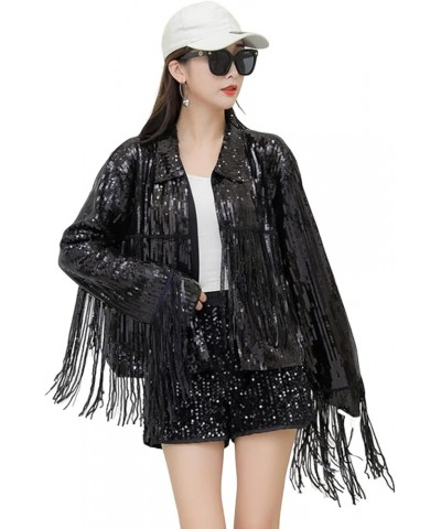 Stage Show Cardigan Temperament Loose Fit Sequins Tassel Club Jacket Coat Dressing Up No Buttons Black $20.37 Sweaters