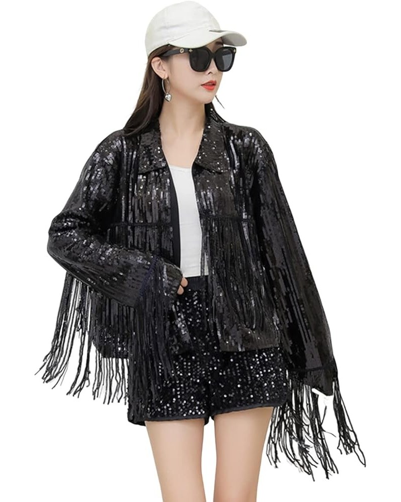 Stage Show Cardigan Temperament Loose Fit Sequins Tassel Club Jacket Coat Dressing Up No Buttons Black $20.37 Sweaters