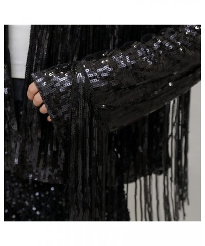 Stage Show Cardigan Temperament Loose Fit Sequins Tassel Club Jacket Coat Dressing Up No Buttons Black $20.37 Sweaters