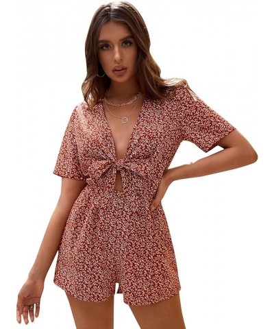 Women's Sexy V Neck Self Tie Front Short Romper Jumpsuit Playsuit White Burgundy $19.79 Rompers