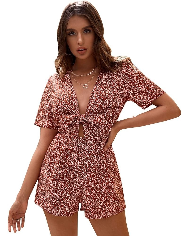 Women's Sexy V Neck Self Tie Front Short Romper Jumpsuit Playsuit White Burgundy $19.79 Rompers