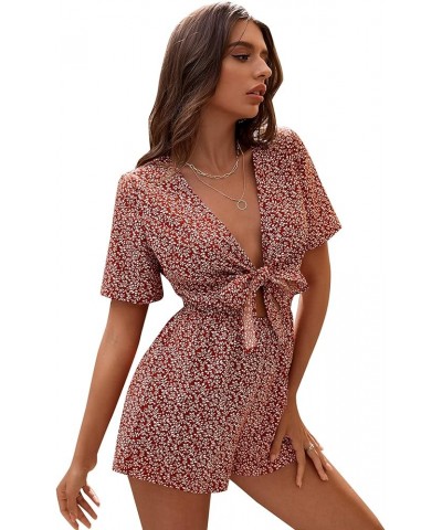 Women's Sexy V Neck Self Tie Front Short Romper Jumpsuit Playsuit White Burgundy $19.79 Rompers