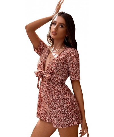 Women's Sexy V Neck Self Tie Front Short Romper Jumpsuit Playsuit White Burgundy $19.79 Rompers