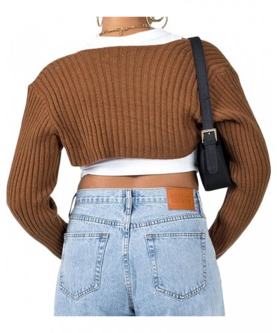 Women Knitted Shrug Sweater Casual Striped Loose Long Sleeves Half Turtleneck Pullover Crop Tops Streetwear 01-brown $8.24 Sw...