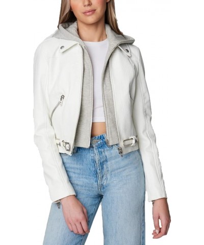 Womens White Vegan Leather Hooded Moto Jacket With Zipper Pockets and Self Belt, Stylish Coat & Designer Clothing Fresh Start...