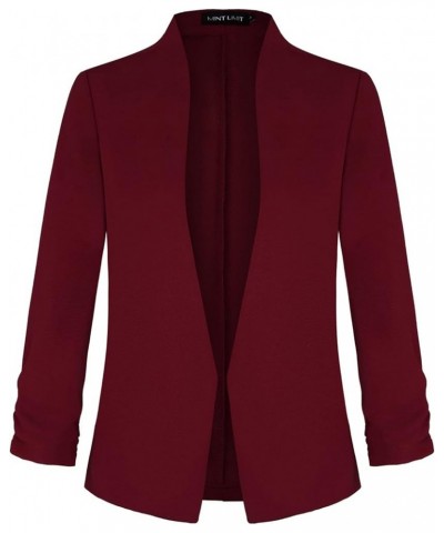 Women's Collarless 3/4 Sleeve Lightweight Blazer Slim Work Office Business Jacket Wine Red $21.44 Blazers