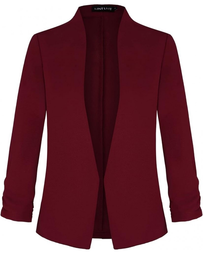 Women's Collarless 3/4 Sleeve Lightweight Blazer Slim Work Office Business Jacket Wine Red $21.44 Blazers