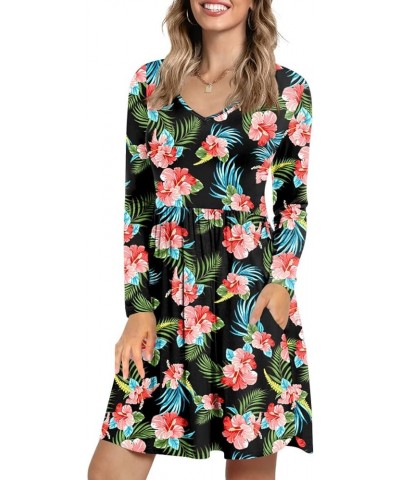 2024 Women's Winter Spring Dress Long Sleeve Casual T Shirt Sundresses Beach Flowy V-Neck with Pockets Black-hibiscus $14.40 ...