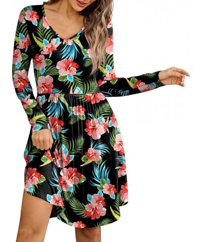 2024 Women's Winter Spring Dress Long Sleeve Casual T Shirt Sundresses Beach Flowy V-Neck with Pockets Black-hibiscus $14.40 ...