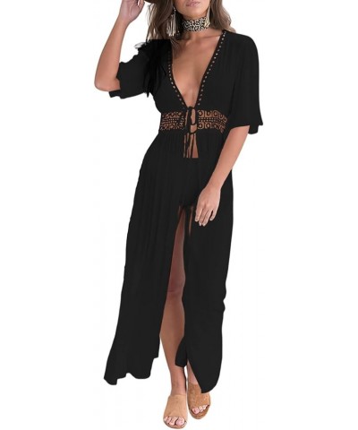 Women's Swimwear Cover Ups with Drawstring Open Front Eyelet Beach Bikini Swimsuit Long Flowy Beachwear Black $15.36 Swimsuits