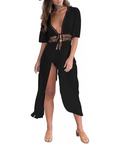 Women's Swimwear Cover Ups with Drawstring Open Front Eyelet Beach Bikini Swimsuit Long Flowy Beachwear Black $15.36 Swimsuits