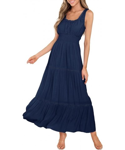 Women's Summer Sleeveless Lace Trim Square Neck Smocked A-Line Flowy Tiered Maxi Dress with Pockets Dark Blue $26.00 Dresses