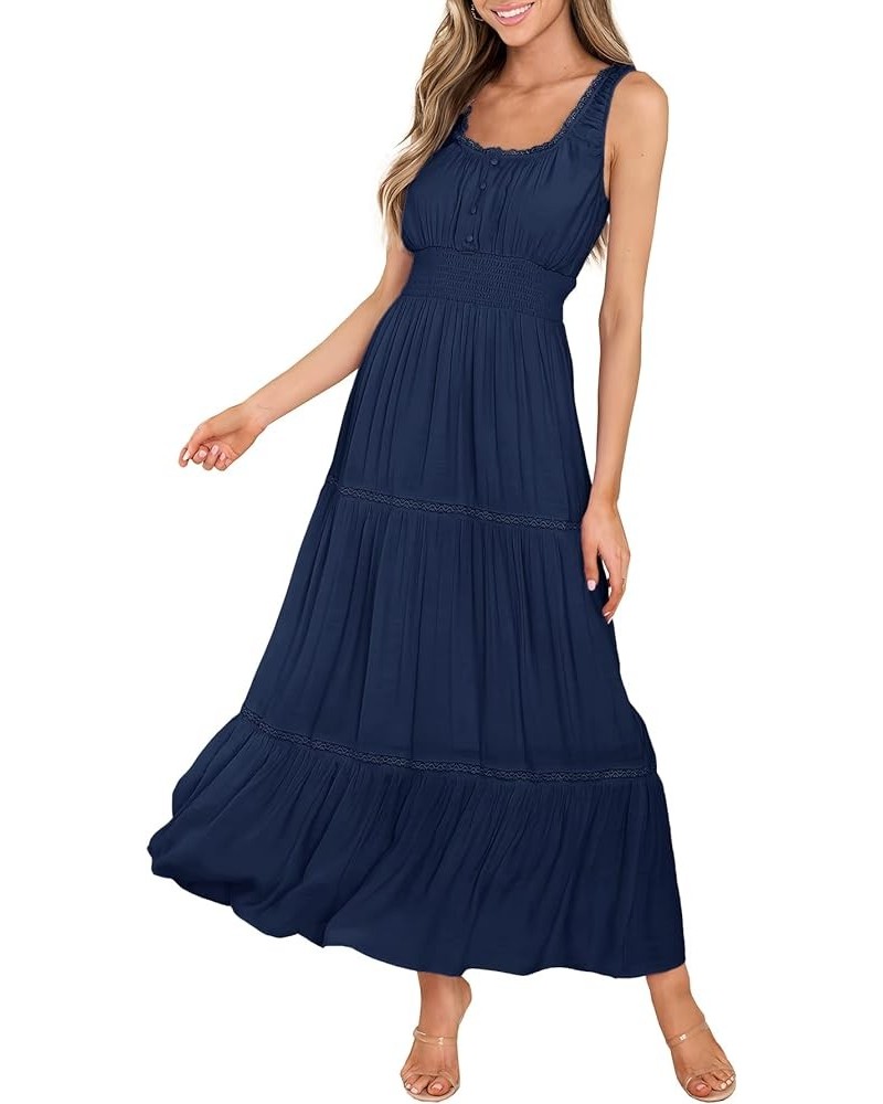 Women's Summer Sleeveless Lace Trim Square Neck Smocked A-Line Flowy Tiered Maxi Dress with Pockets Dark Blue $26.00 Dresses