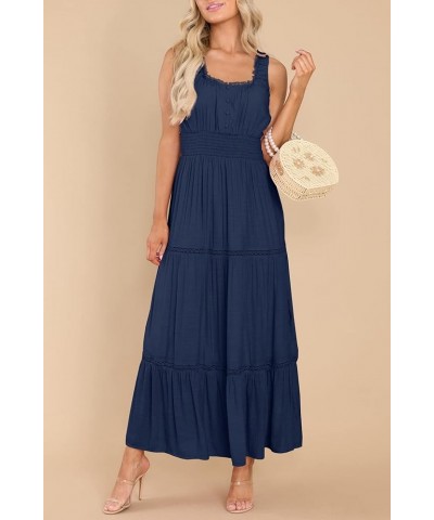 Women's Summer Sleeveless Lace Trim Square Neck Smocked A-Line Flowy Tiered Maxi Dress with Pockets Dark Blue $26.00 Dresses