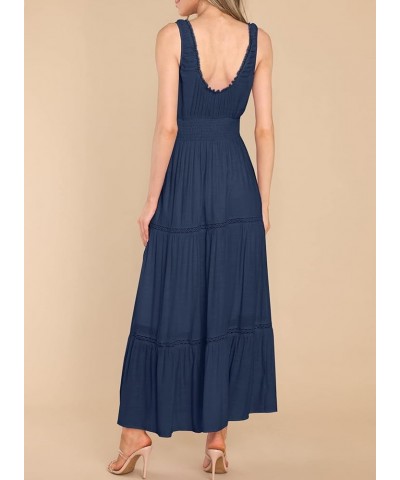 Women's Summer Sleeveless Lace Trim Square Neck Smocked A-Line Flowy Tiered Maxi Dress with Pockets Dark Blue $26.00 Dresses