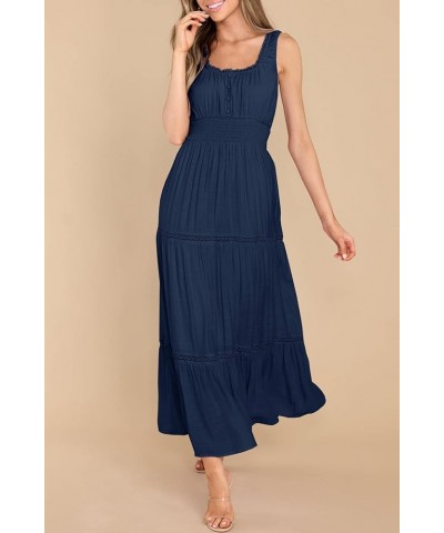 Women's Summer Sleeveless Lace Trim Square Neck Smocked A-Line Flowy Tiered Maxi Dress with Pockets Dark Blue $26.00 Dresses