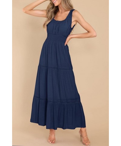 Women's Summer Sleeveless Lace Trim Square Neck Smocked A-Line Flowy Tiered Maxi Dress with Pockets Dark Blue $26.00 Dresses