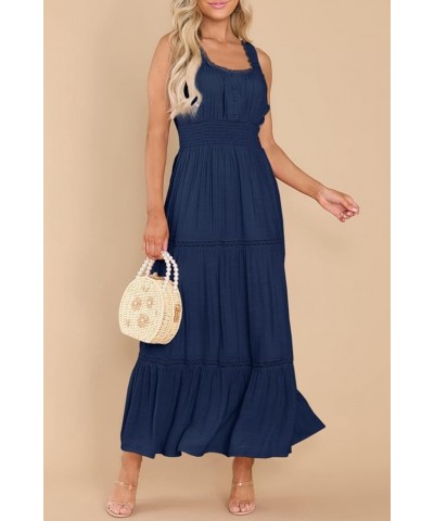 Women's Summer Sleeveless Lace Trim Square Neck Smocked A-Line Flowy Tiered Maxi Dress with Pockets Dark Blue $26.00 Dresses