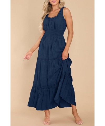 Women's Summer Sleeveless Lace Trim Square Neck Smocked A-Line Flowy Tiered Maxi Dress with Pockets Dark Blue $26.00 Dresses