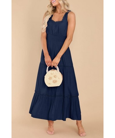 Women's Summer Sleeveless Lace Trim Square Neck Smocked A-Line Flowy Tiered Maxi Dress with Pockets Dark Blue $26.00 Dresses