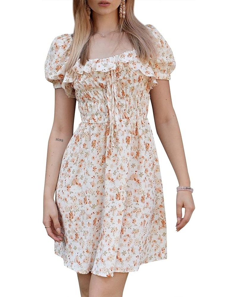 Women's Casual Plaid Mini Dress Scoop Neck Short Puff Sleeve Sundress A-Line Flowy Summer Dresses N-orange $13.99 Dresses