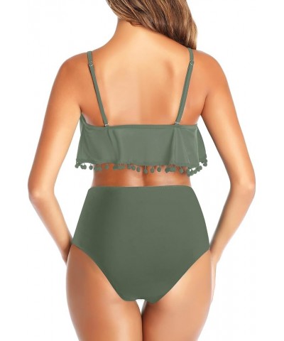 Women Two Piece High Waisted Bikini Set Ruffle Swimsuit Flounce Pom Pom Trim Bathing Suit Grayish Green $15.84 Swimsuits