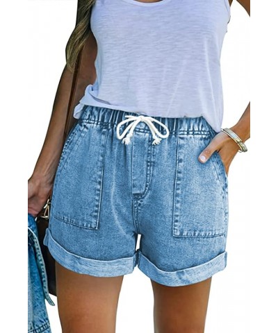 Women Cotton Shorts with Pockets Summer Elastic Waist Drawstring Pull On Comfy Drawstring Linen Shorts 5-sky Blue $19.13 Shorts