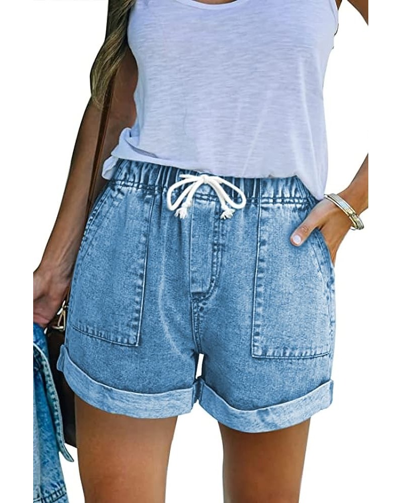 Women Cotton Shorts with Pockets Summer Elastic Waist Drawstring Pull On Comfy Drawstring Linen Shorts 5-sky Blue $19.13 Shorts