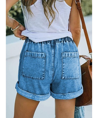 Women Cotton Shorts with Pockets Summer Elastic Waist Drawstring Pull On Comfy Drawstring Linen Shorts 5-sky Blue $19.13 Shorts