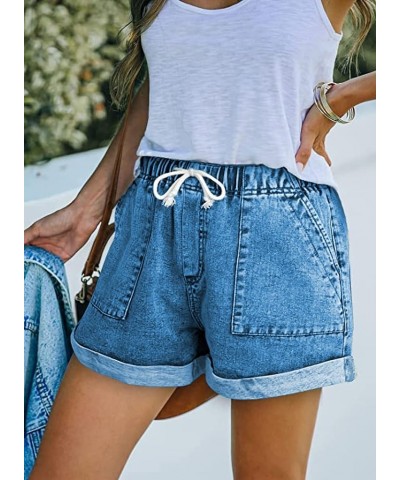 Women Cotton Shorts with Pockets Summer Elastic Waist Drawstring Pull On Comfy Drawstring Linen Shorts 5-sky Blue $19.13 Shorts